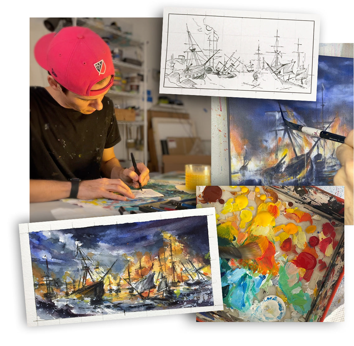 Kyle Lucks sketching the initial design for the Burn the Boats painting