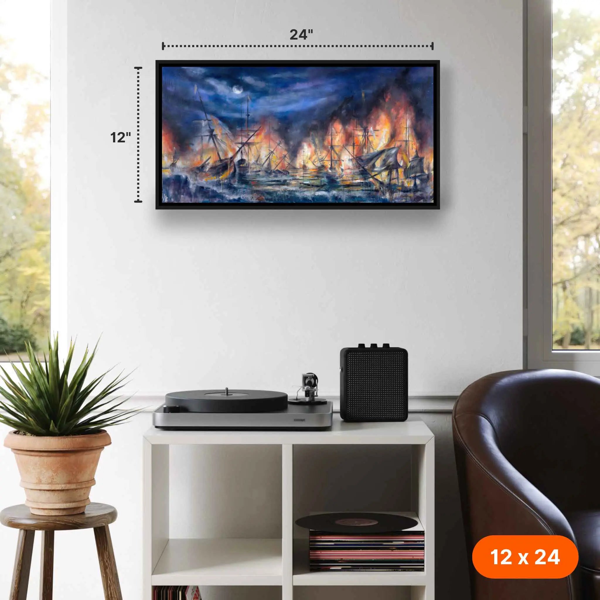 Framed artwork of a ship battle scene on a wall with dimensions displayed