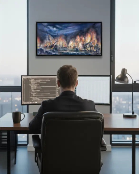 Entrepreneur_desk_monitors_blank_wall3_daytime_painting.webp